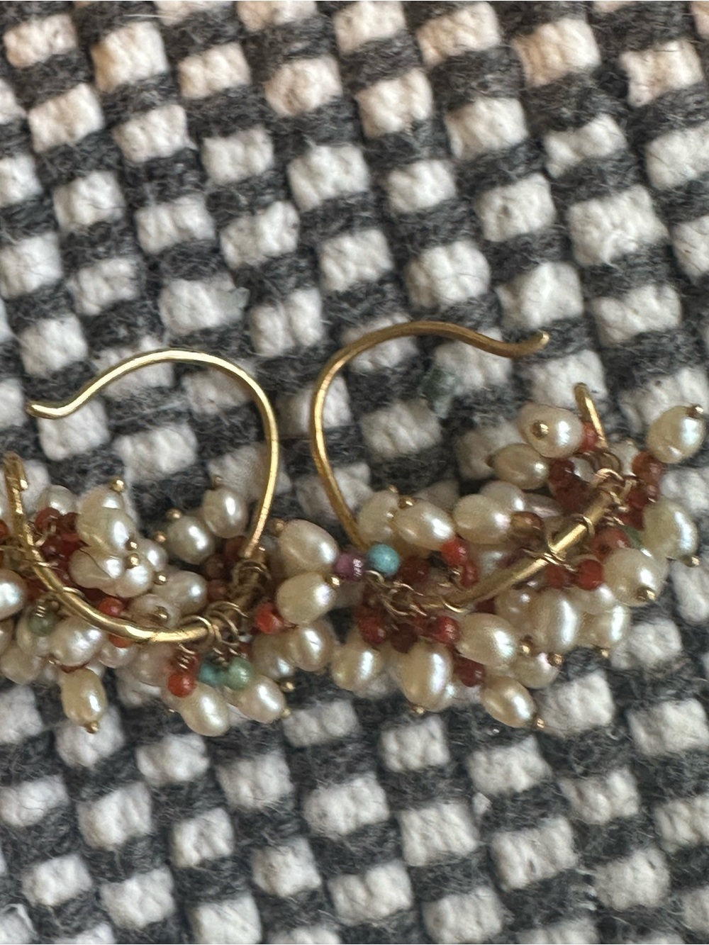 Gold Pearl Cluster Hoop Earrings with Multicolor Gem Accents